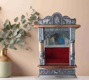 Handcrafted Wooden and Oxidized Metal Pooja Mandir for Home – Indian Traditional Temple with Drawer and Intricate Elephant Carvings